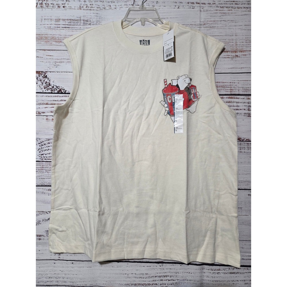 ICEE Polar Bear Graphic Muscle Tee Mens Large Cream Boxy Fit Tank Top NWT